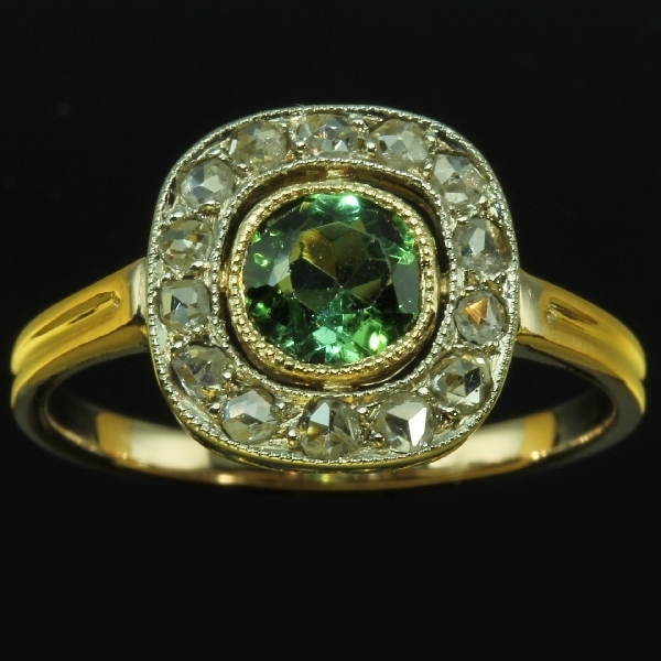 Antique engagement ring Belle Epoque ring with tourmaline and rose cut diamonds